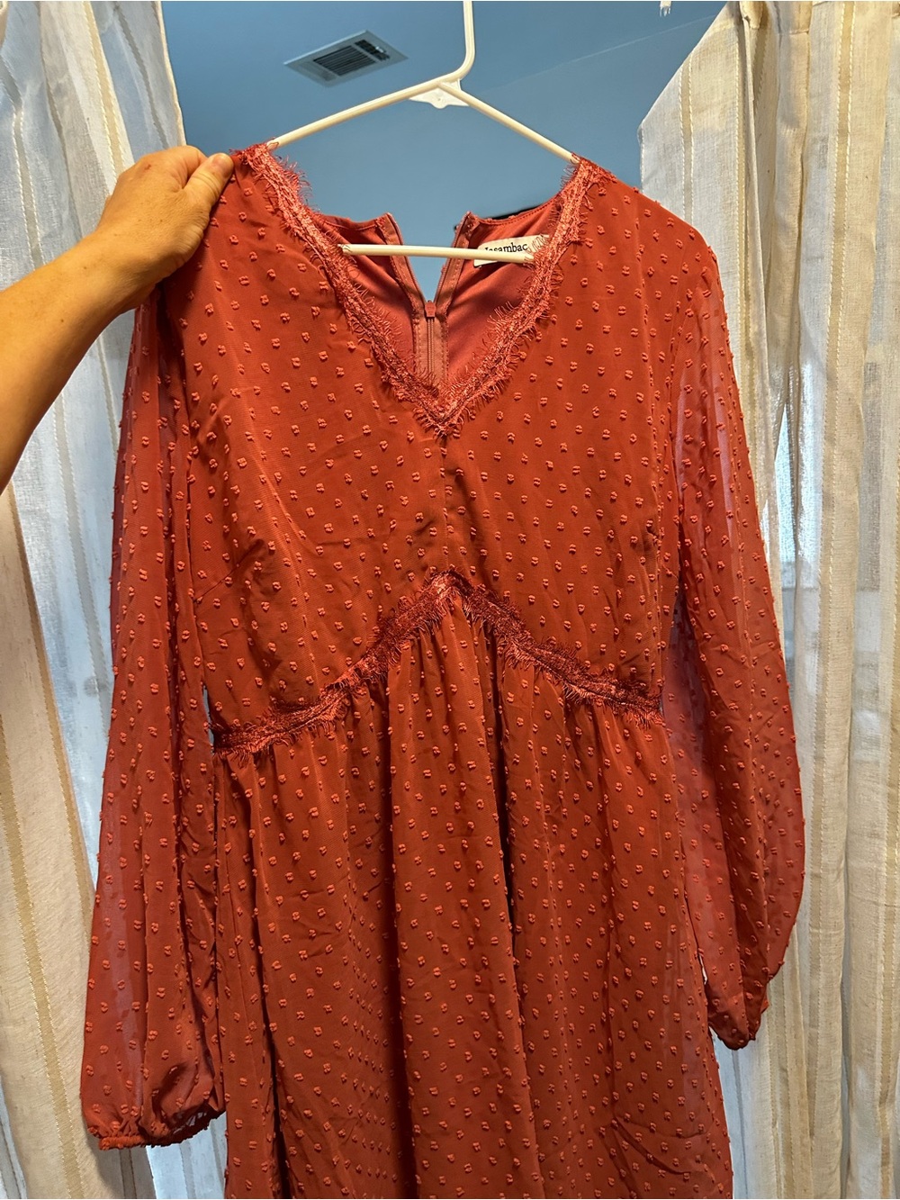 Textured Swiss Dot Midi Dress in Rust - Lightweight Long Sleeve
